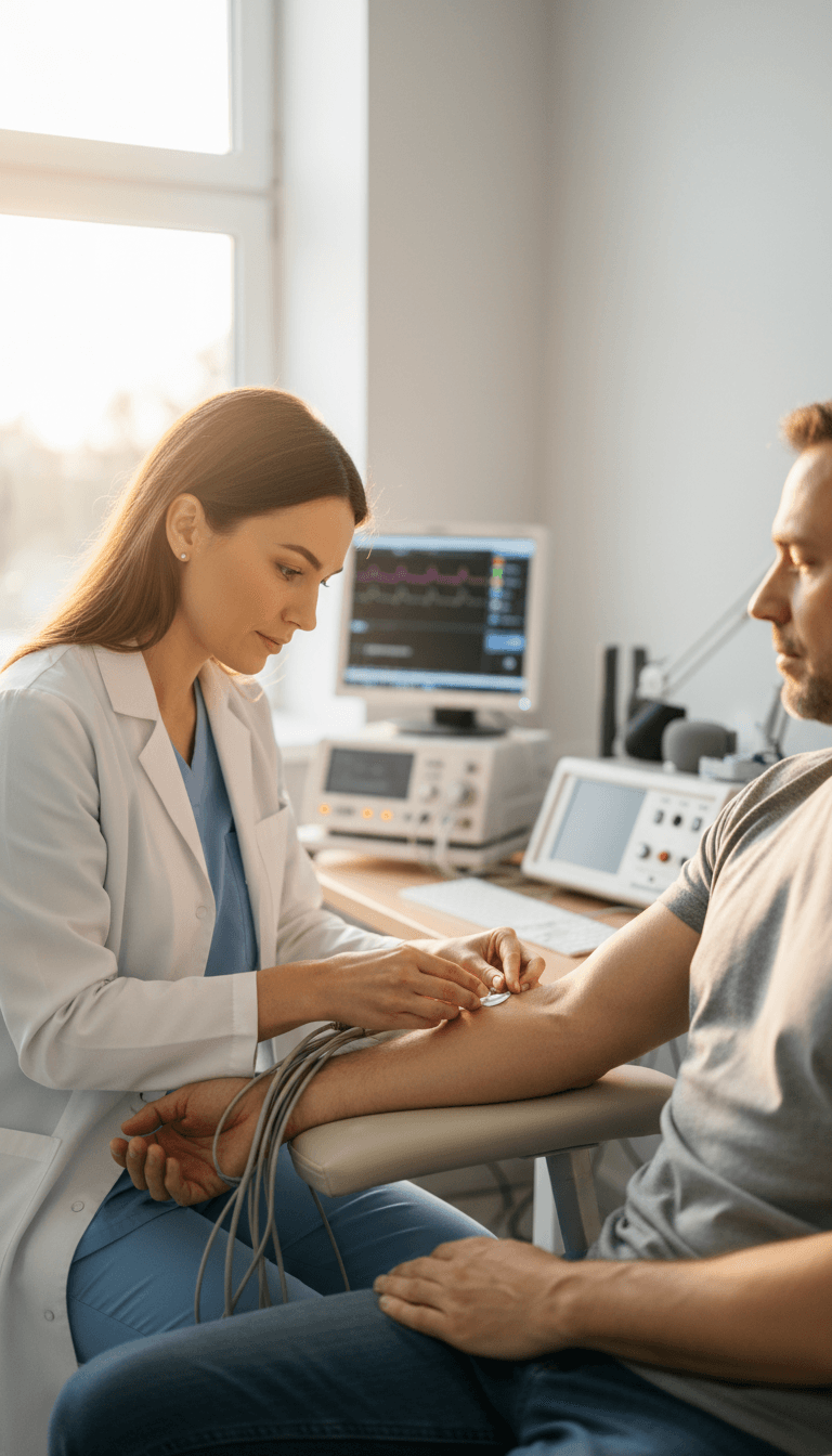 Examen EMG en cours dans un cabinet neurologique professionnel
